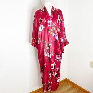 Inner Most Womens Red Floral Satin Long Robe Sheer Kimono Sleeve Pink Rose L